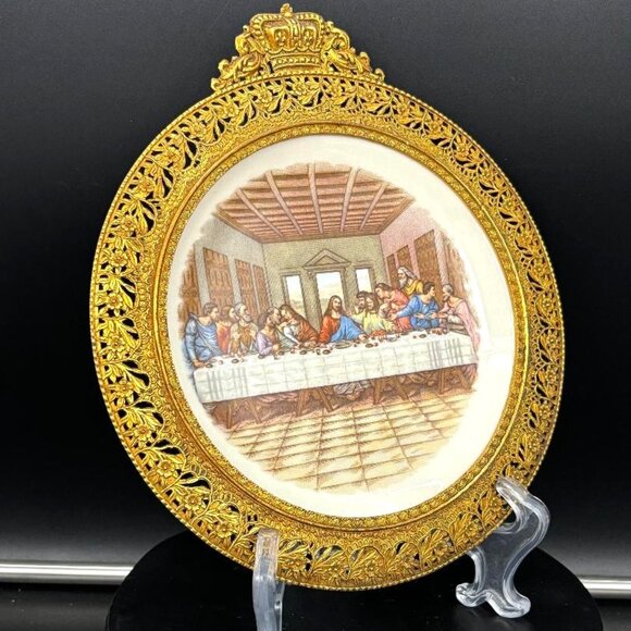 Vintage 50's 60's Da Vinci's "The Last Supper" Metal Filigree Framed Plate Wall - Picture 5 of 7